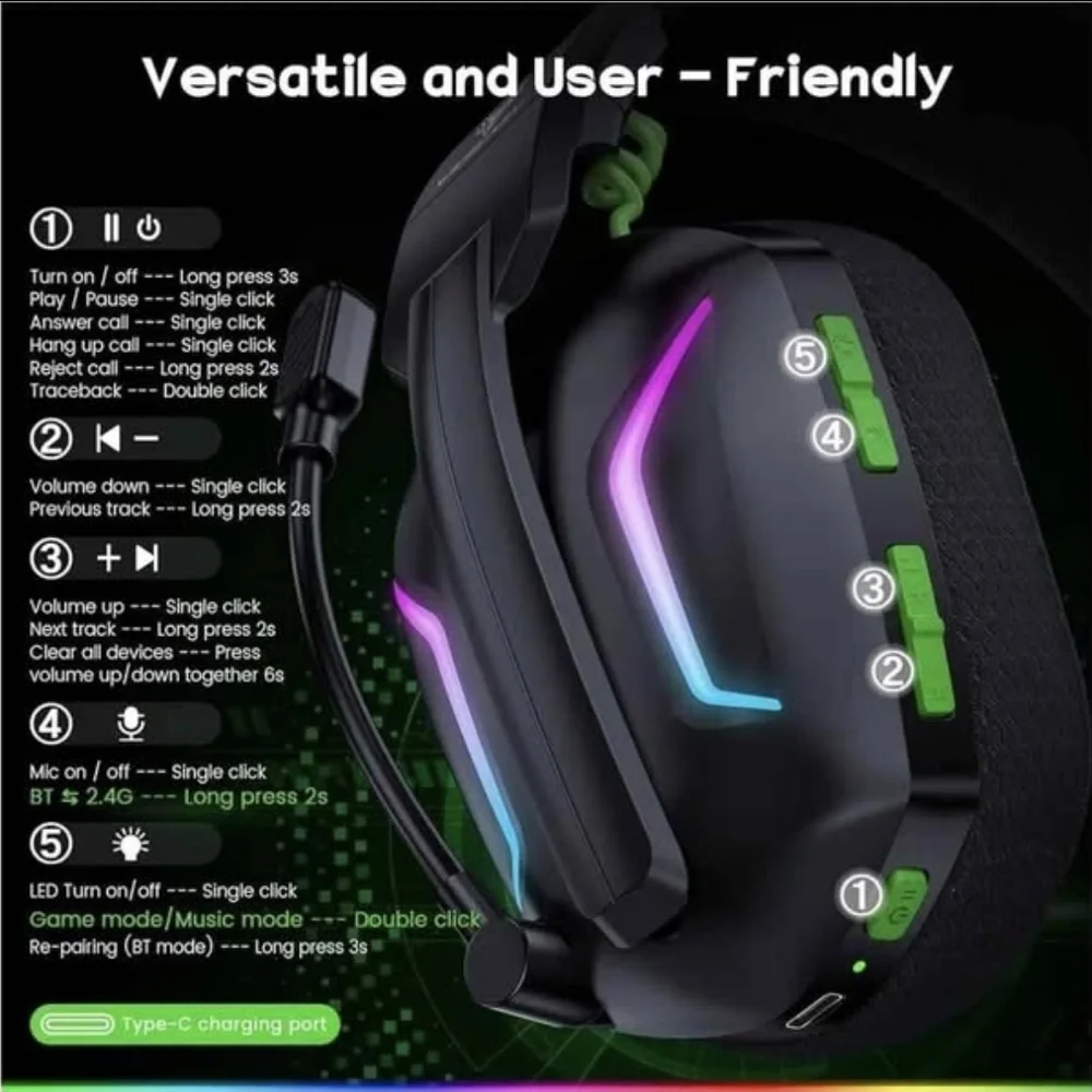 wireless Black Gaming Headset with RGB Lighting